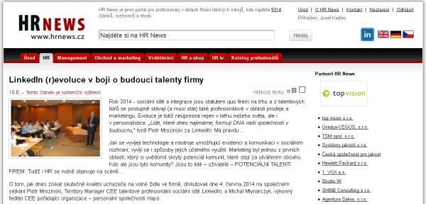 HRnews.cz 18.6.2014 | LinkedIn (r)evoluce v boji o budoucí talenty firmy